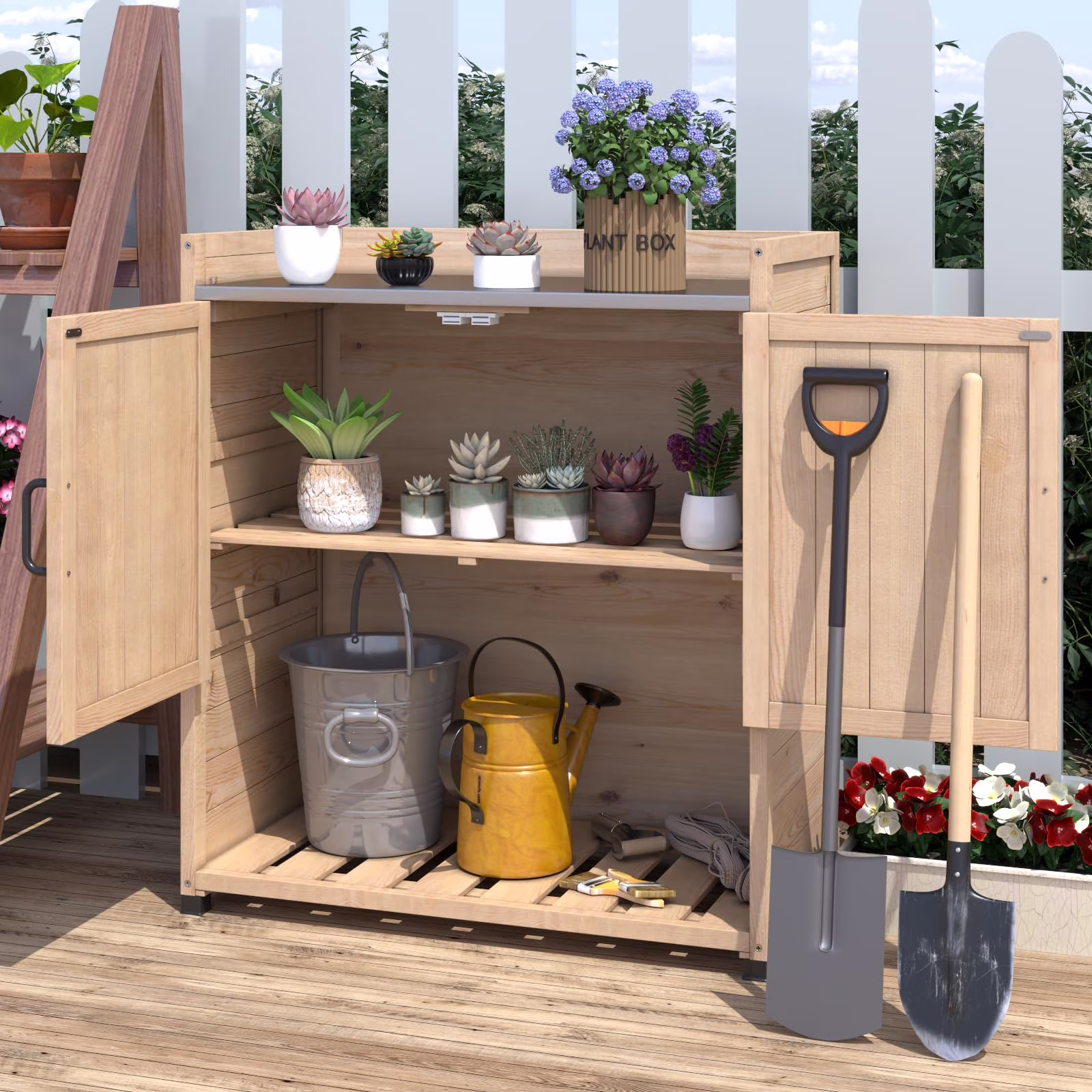 Potting Bench, Wooden Outdoor Storage Cabinet with Adjustable Shelf, Patio Storage with Metal Tabletop, Potting Table for Garden, Patio and Lawns, Gray(Gray) - Image 5