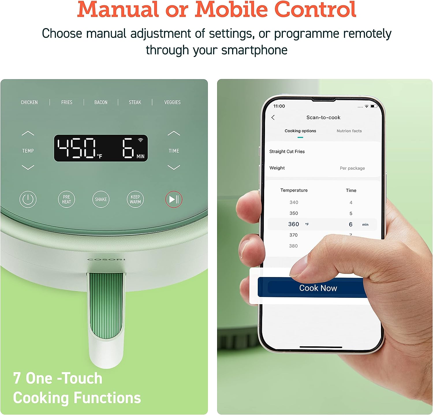 Friteuse à air COSORI 4 L, 7 modes de cuisson, plus de 150 recettes sur application gratuite, 97 % de matières grasses en moins, compatible lave-vaisselle, conçue pour 1 à 3 personnes, vert sauge