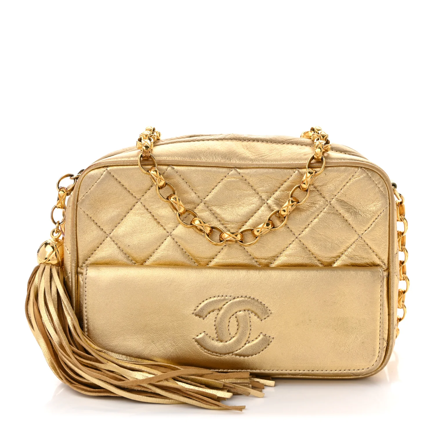Metallic Lambskin Quilted Camera Case Gold