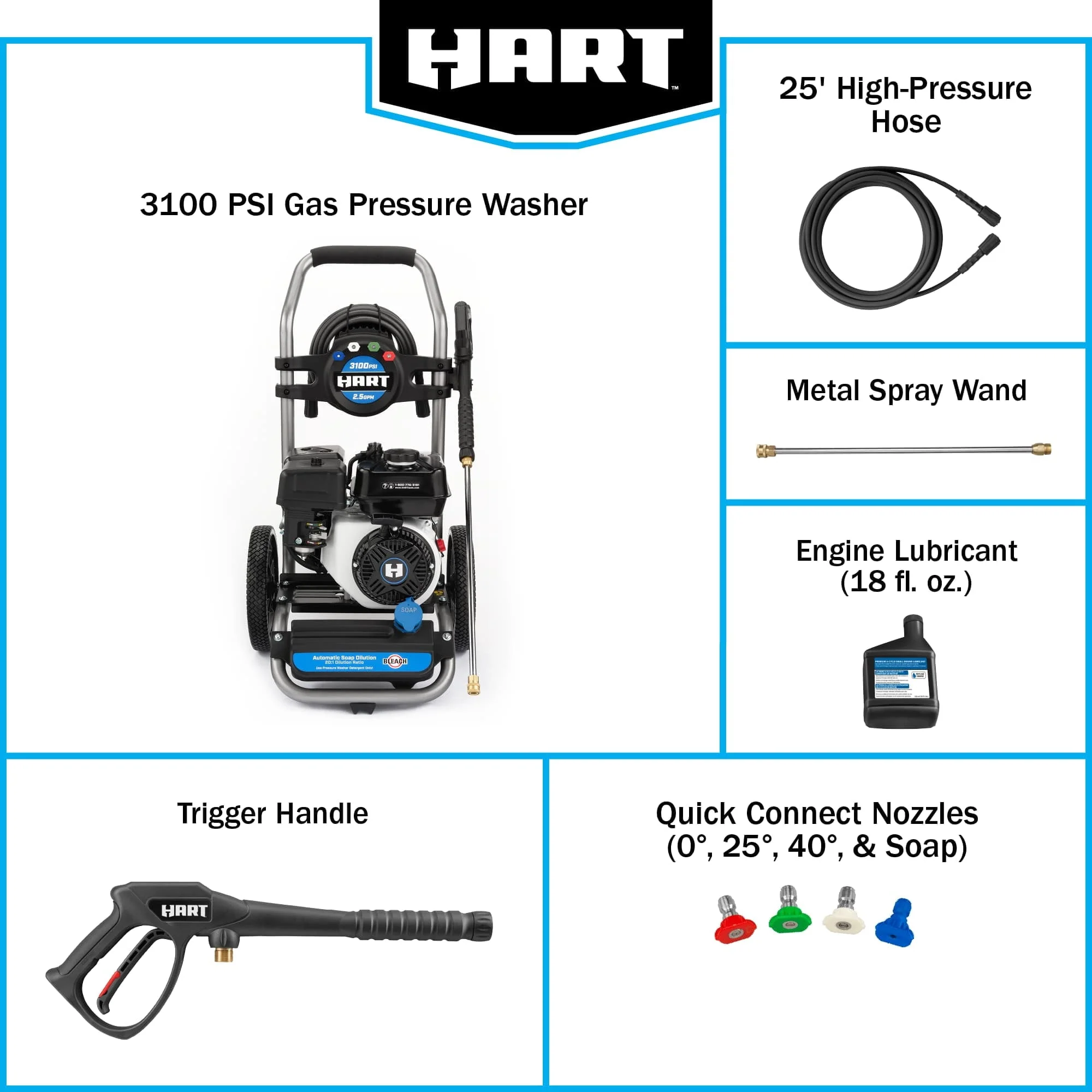 HART 3100 PSI 2.5 GPM 212cc 4 - Cycle OHV Gas Powered Cold Water Pressure Washer