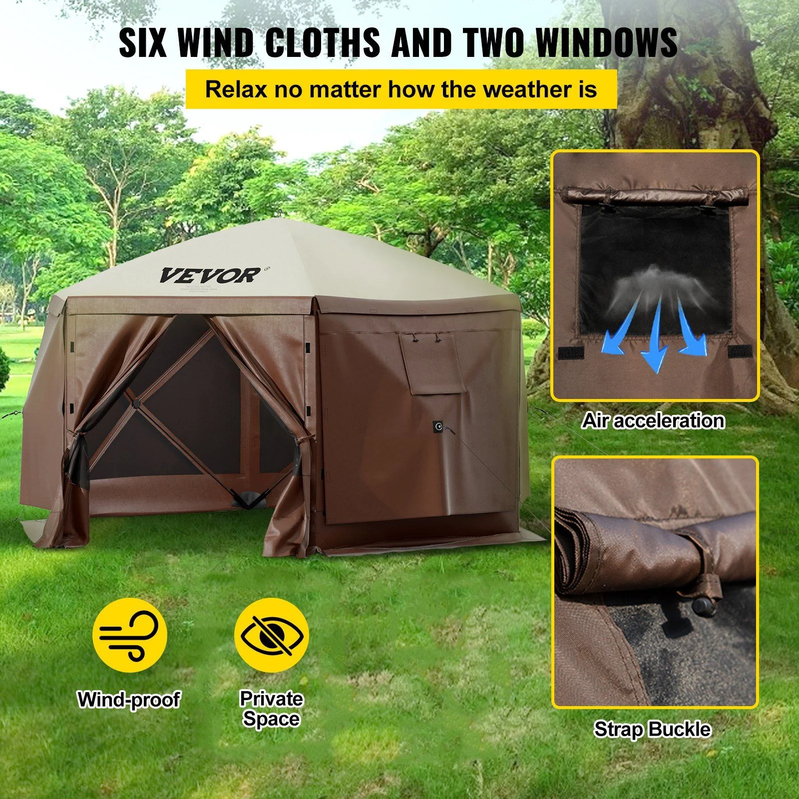 Quick Setup 12x12 Foot Gazebo Tent, 6-Sided Canopy with Mesh Screens Carry Bag �?Sun Shade Shelter for Outdoor Events, Backyard, Picnic (Beige/Brown) - Image 3