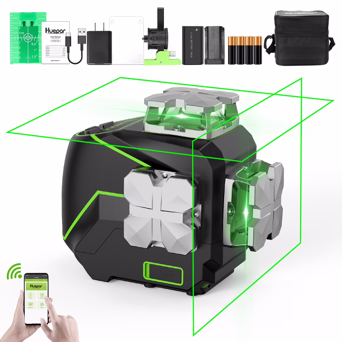 4D 16 Lines Self-Leveling Laser Level, 200Ft Green Beam 4 x 360° Cross Line Laser Level Tools with LCD Screen, Bluetooth and Magnetic Bracket
