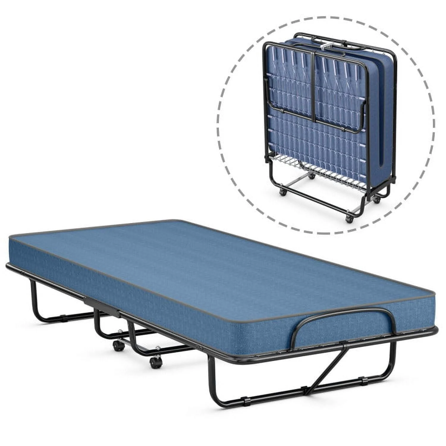 Folding Bed with Memory Foam Mattress, Rollaway Guest Metal Frame for Kids Adults, Portable Sleeping Spare for Bedroom Office, Easy Assembly, 79