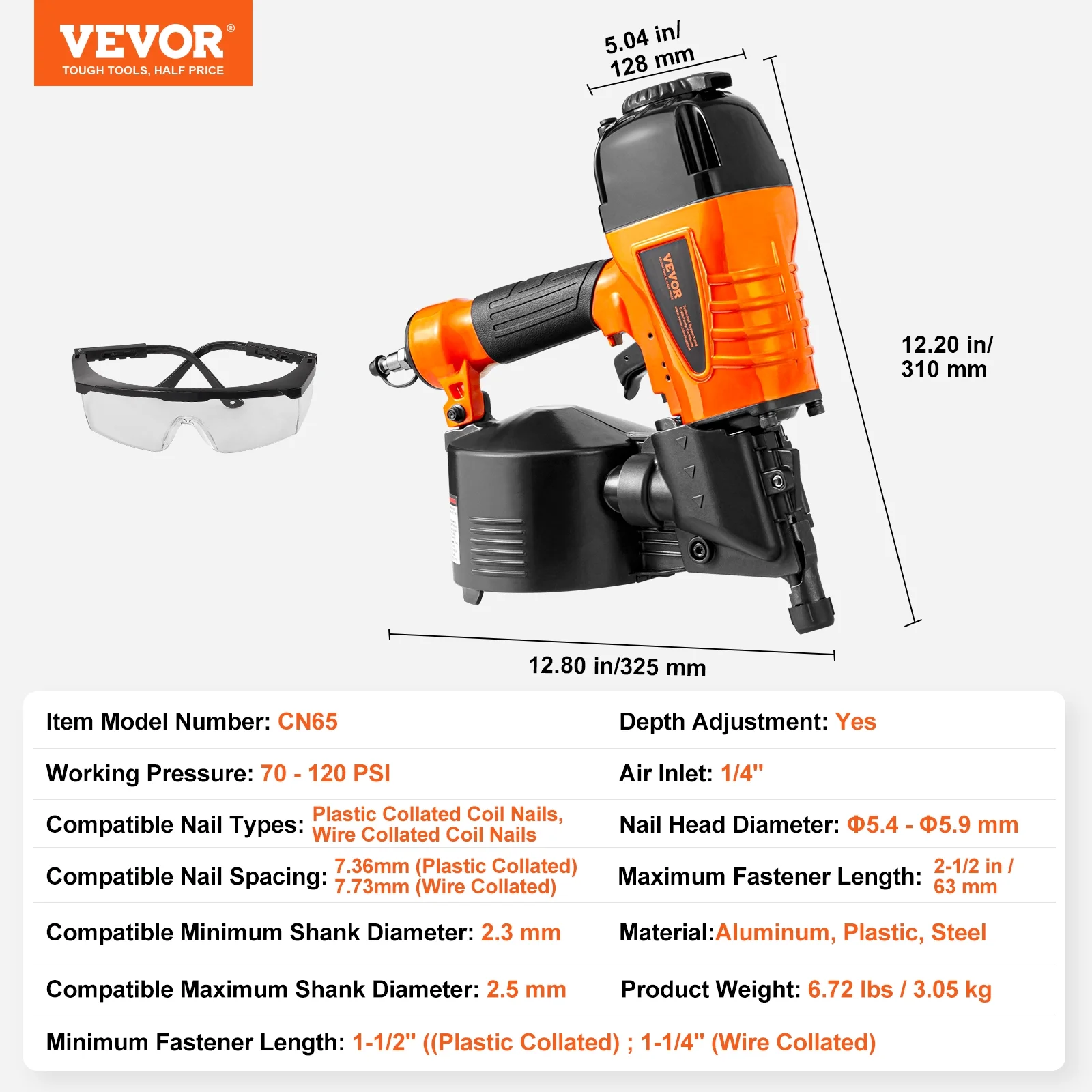 Coil Siding Nailer CN65, 1-1/4" to 2-1/2" 15 Degree Pneumatic Siding Nail Gun with Tool-Less Depth Adjustment, 70-120PSI Air Coil Nailer for Siding, Pallet Sheathing, Wooding, Fencing - Image 7