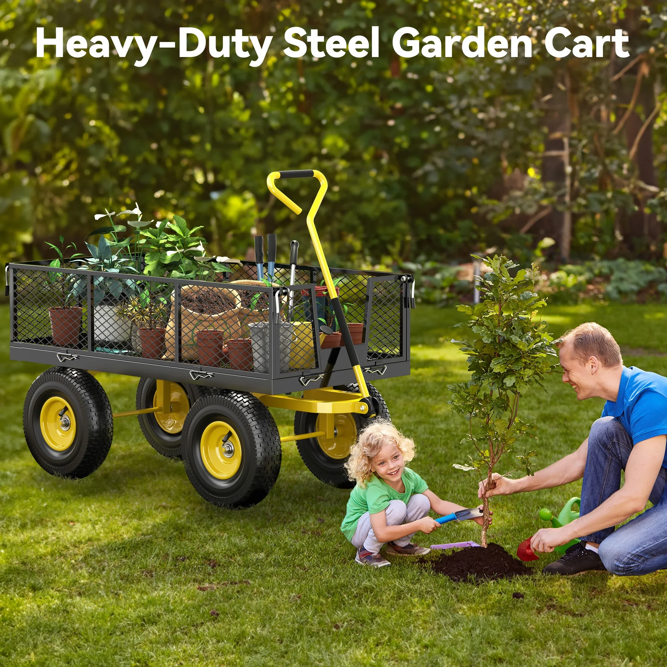 Firstness Heavy Duty Garden Cart, 900 lbs Capacity Garden Wagon with Removable Sides, Black