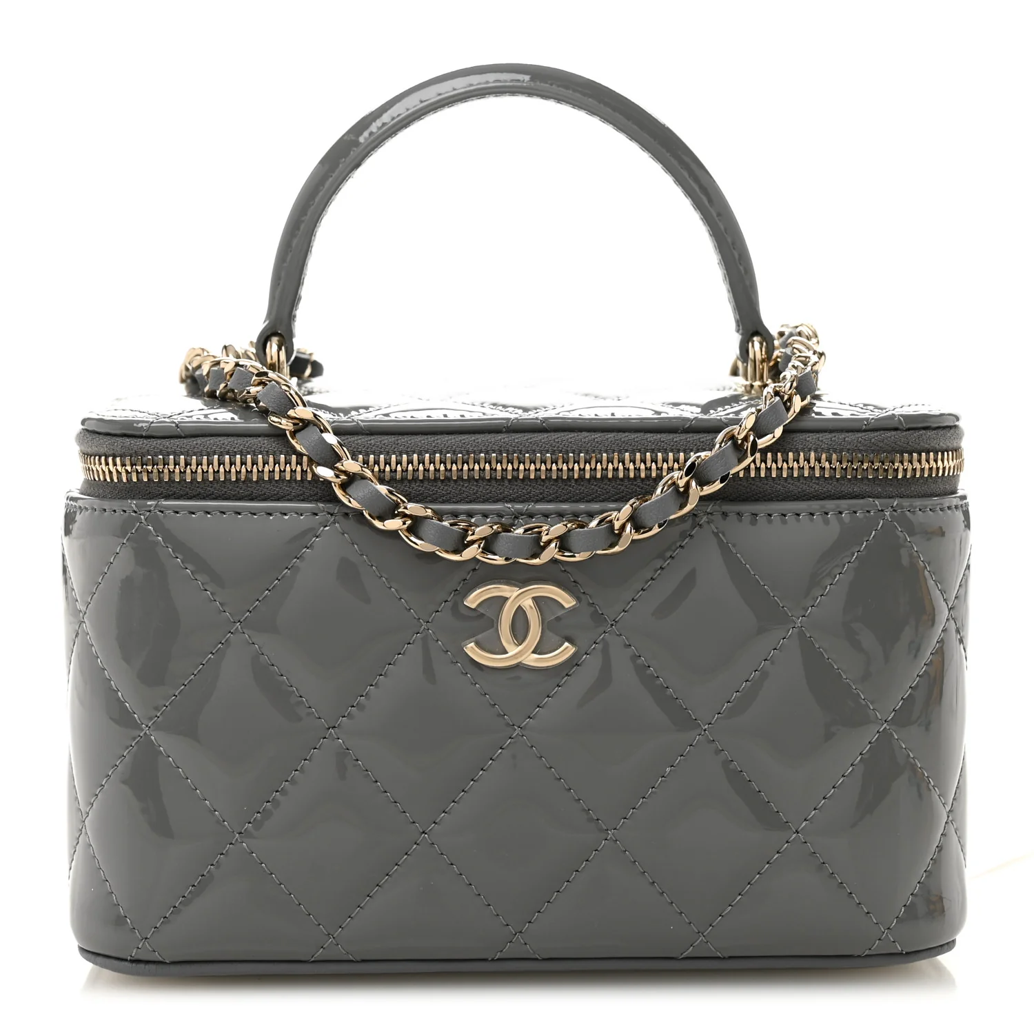 Patent Quilted Quilted Small Top Handle Vanity Case With Chain Grey