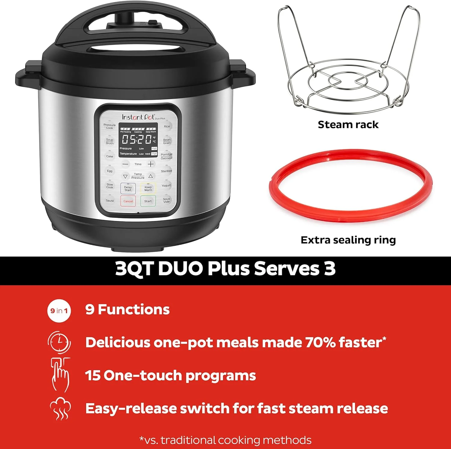 Multicuiseur 9 en 1 : autocuiseur, mijoteuse, cuiseur à riz, cuiseur vapeur, fonction sauté, yaourtière, chauffe-plat et stérilisateur. Application avec plus de 800 recettes incluse. Acier inoxydable. Capacité : 6 litres.
