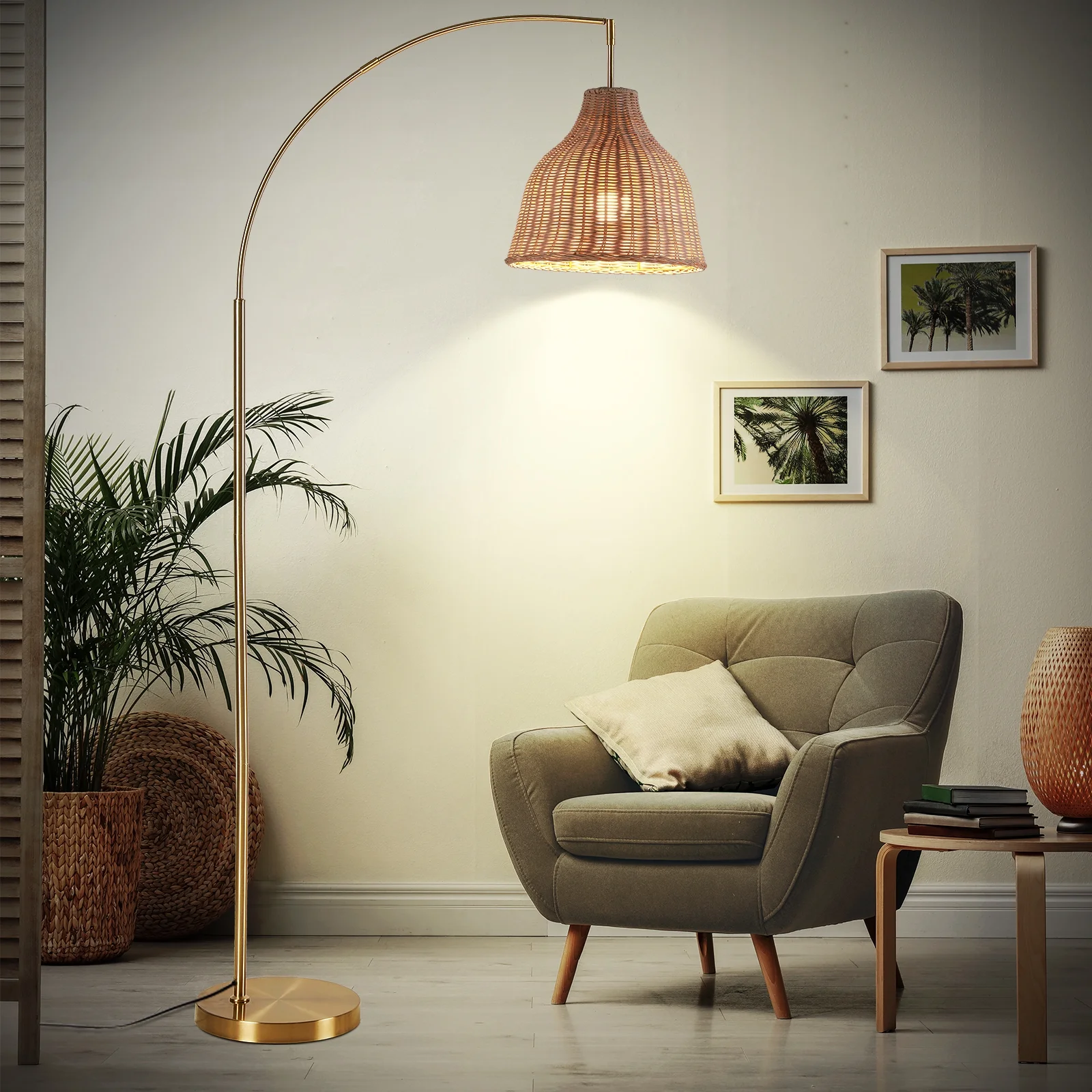 72 inch Arched Rattan Floor Lamp, Fabric Retro Boho Farmhouse Rustic Standing Lamp for Living Room, Bedroom, Office, 9W Foot Switch 3 Color Temperature, Gold(Gold) - Image 4