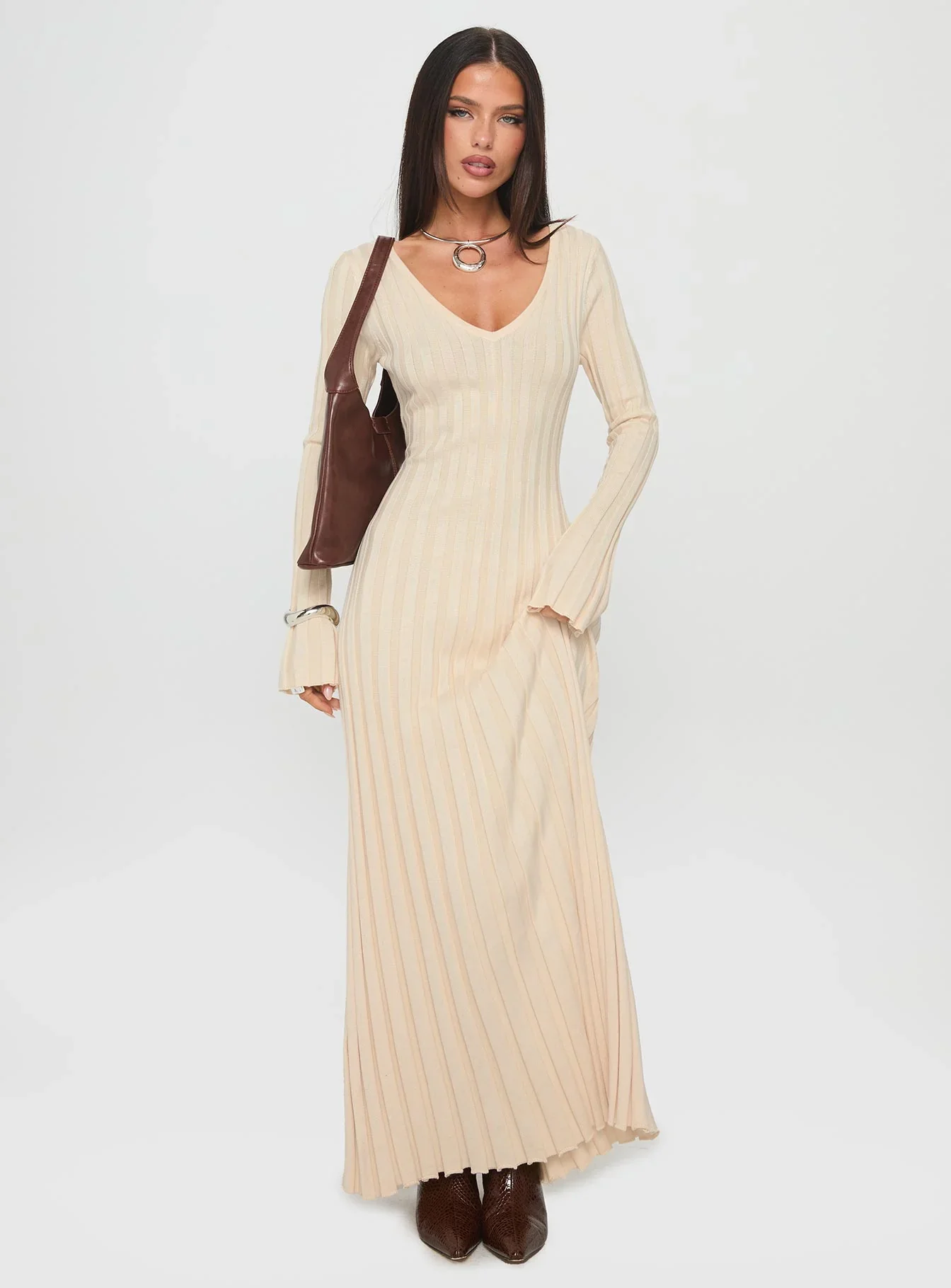 Gratuita Long Sleeve Rib Maxi Dress Cream