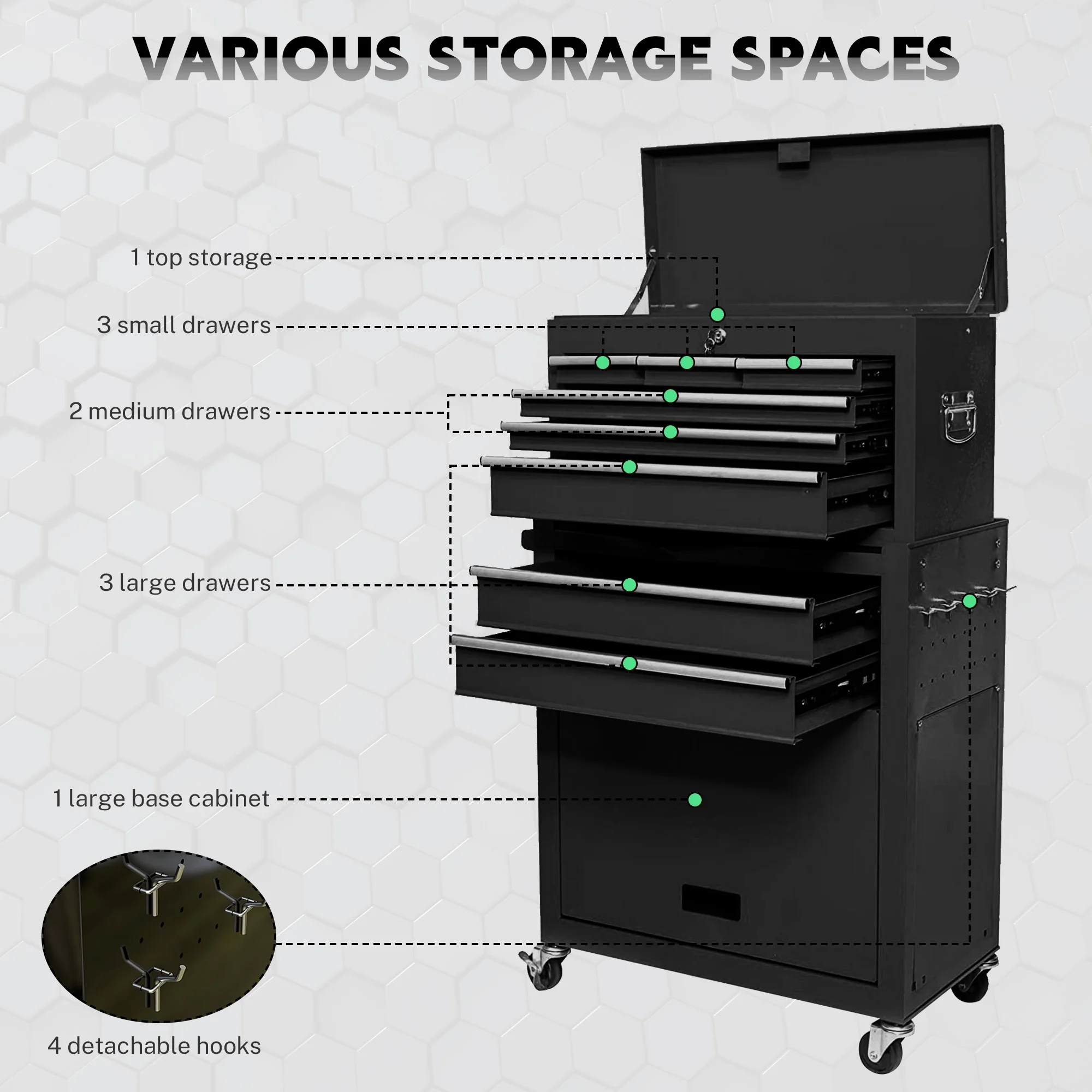 2-IN-1 Tool Chest Cabinet, Large Capacity 8-Drawer Rolling Tool Box Organizer with Wheels Lockable, Black(Black) - Image 8