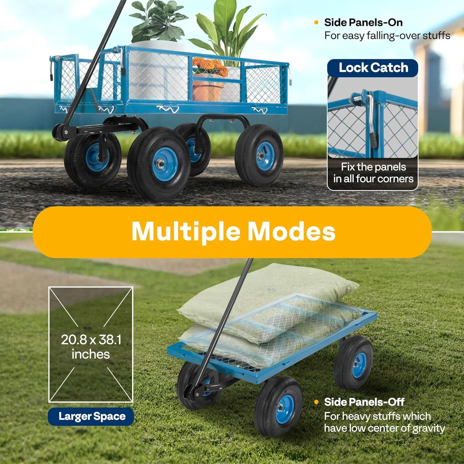 SPECSTAR Mesh Steel Garden Cart 880 lbs Capacity, 38 x 21 Folding Utility Wagon with 10 Inch Wheels
