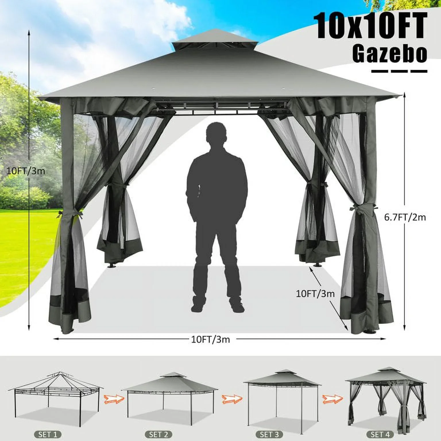 SANOPY 10' x 10' Gazebos for Patios, Gazebo Canopy with 4 Mosquito Netting, Rainproof & Sunscreen Shelter Tent with Double Eaves for Garden Backyard and Deck