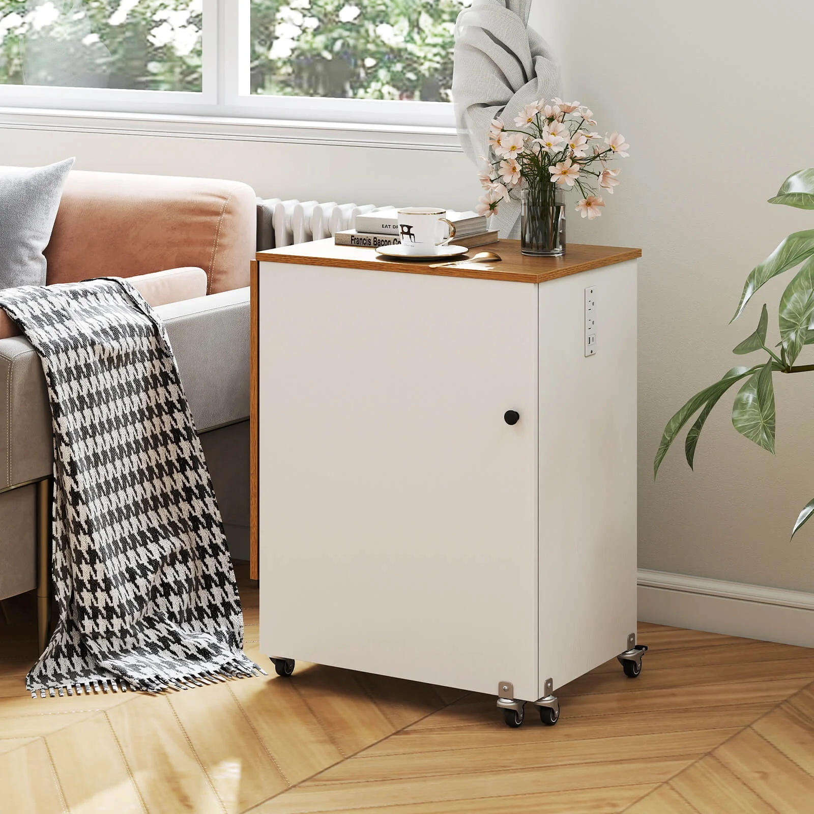 Folding Sewing Table Rolling Craft Station with 3 Storage Bins Charging Station White+natural(White+Natural) - Image 8