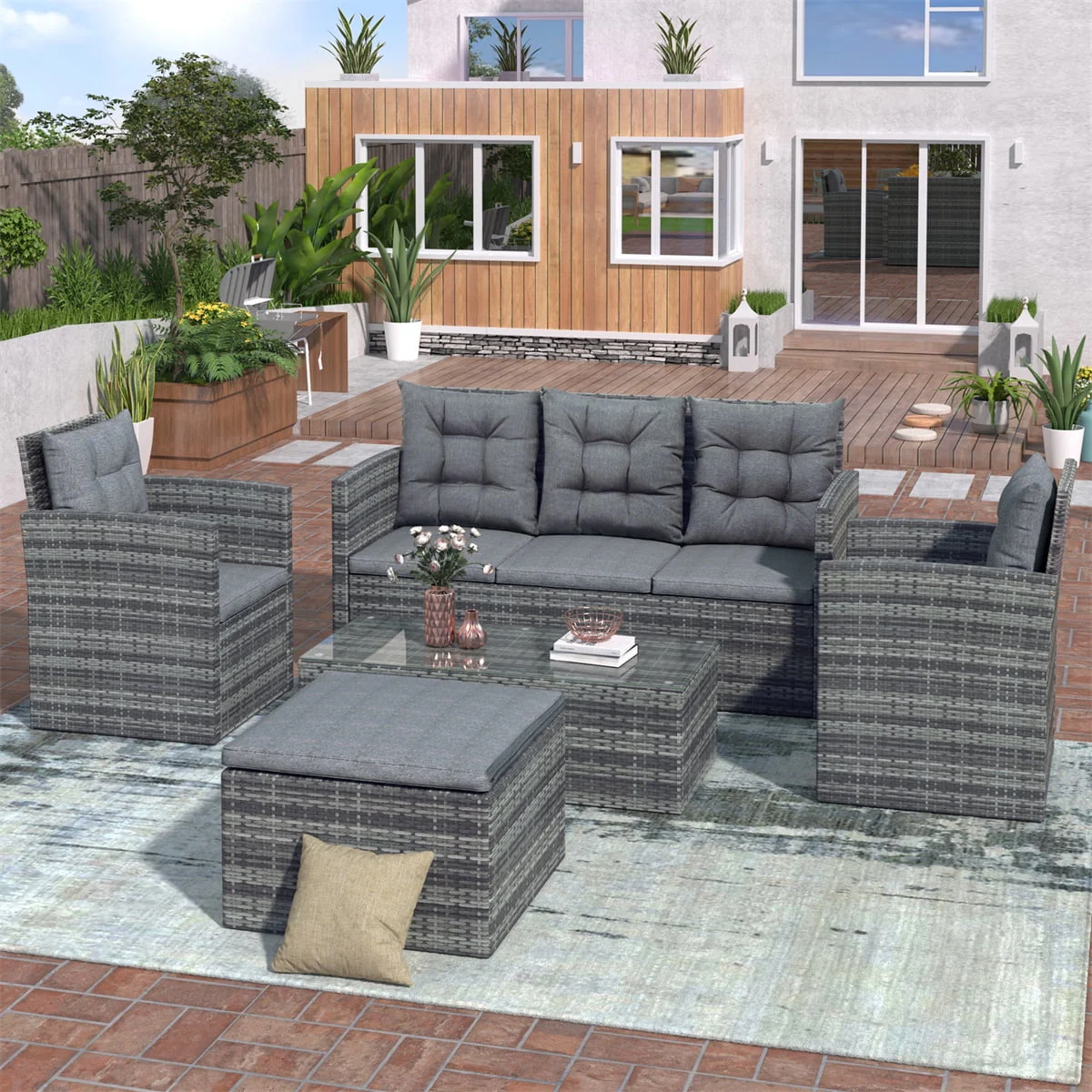 5 Piece Patio Furniture Sets, Outdoor Conversation Sets with Glass Coffee Table, Wicker Rattan Sectional Sofa Couch with Storage Bench, Ottomans Cushions for Garden, Pool, Backyard, Gray(4 Piece Gray) Image 3