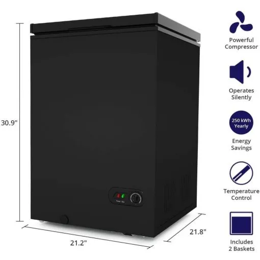 Congélateur coffre – 3,5 pi³ avec 2 paniers amovibles – Congélateur coffre à ouverture frontale – Congélateur compact et silencieux – 7 réglages de température – Noir