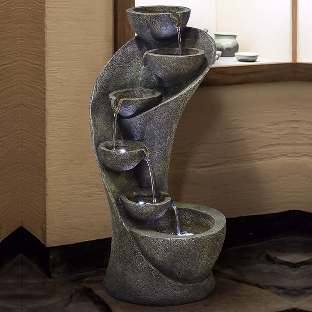 40.5 High Rocks Outdoor Water Fountain - 6-Tiers Cascading Waterfall with LED Lights, Soothing Tranquility for Home Garden, Yard Decor
