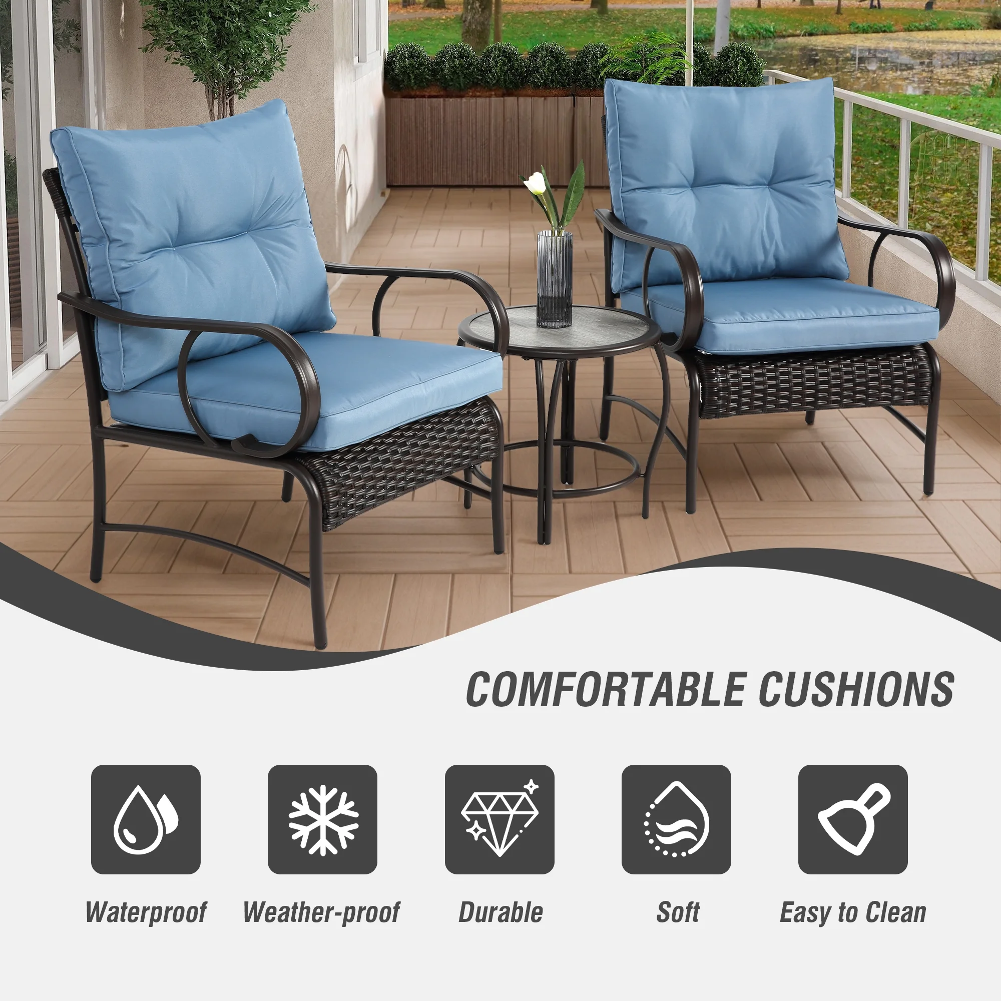 Villeston 3 Piece Outdoor Wicker Conversation Patio Set, with 2 Chairs, Table for Porch Garden, Blue