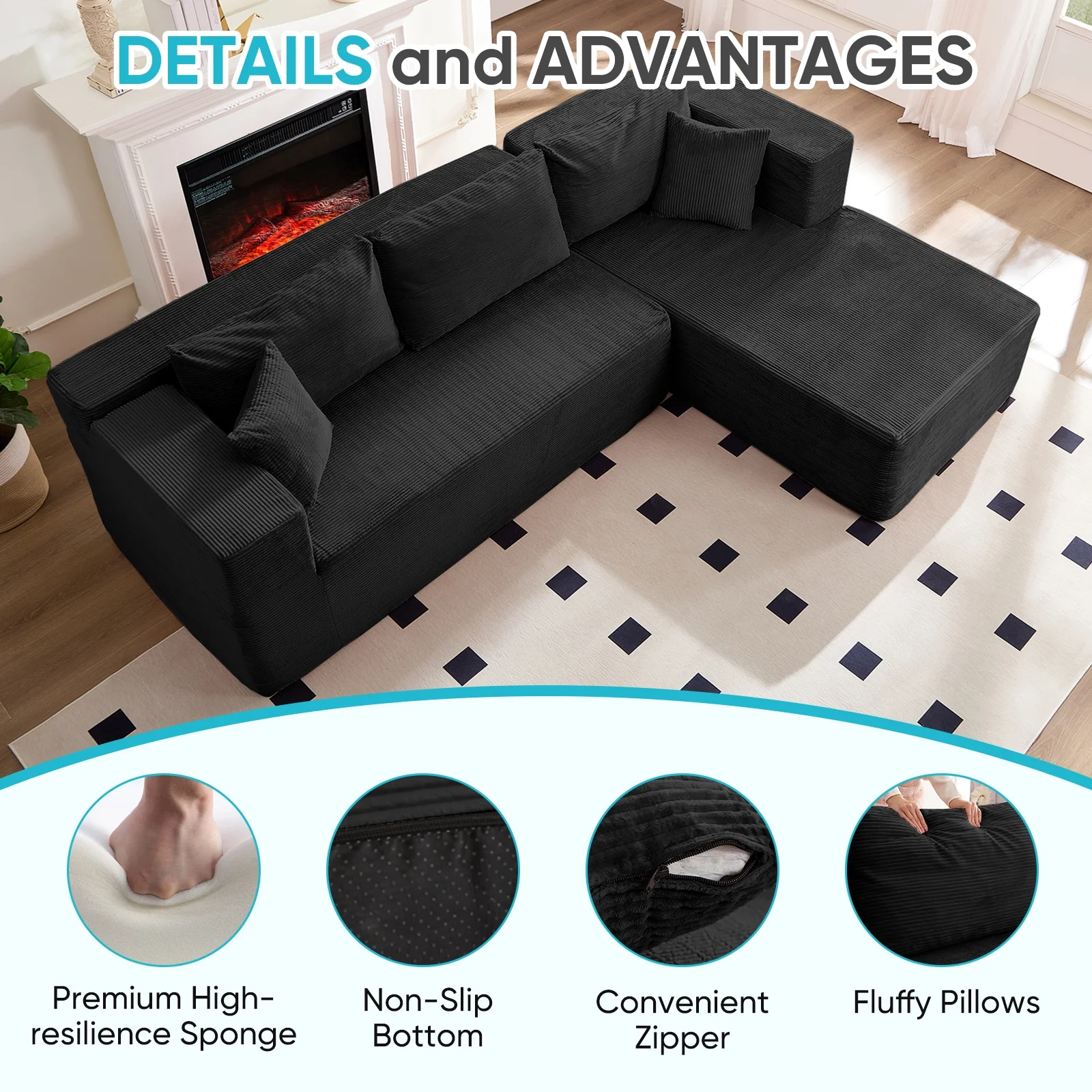 106" Cloud Sectional Couch with Chaise, No Assembly Required L Shaped Sleeper Sofa, Oversized Deep Seat Modular Couches and Sofas for Living Room Right, Black(Right Chaise/Black) Image 3