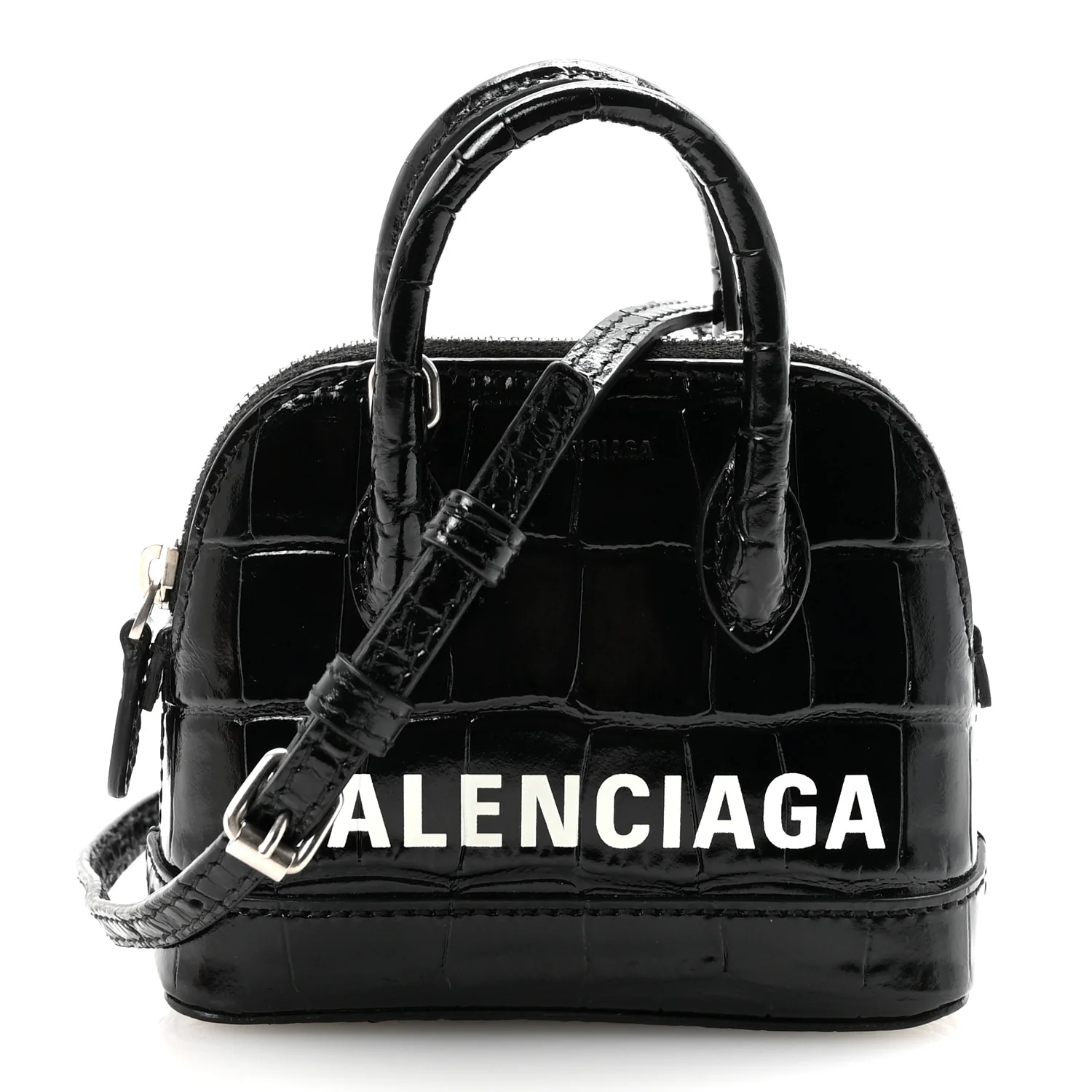 Shiny Calfskin Logo Crocodile Embossed Mini Ville Top Handle Bag Black