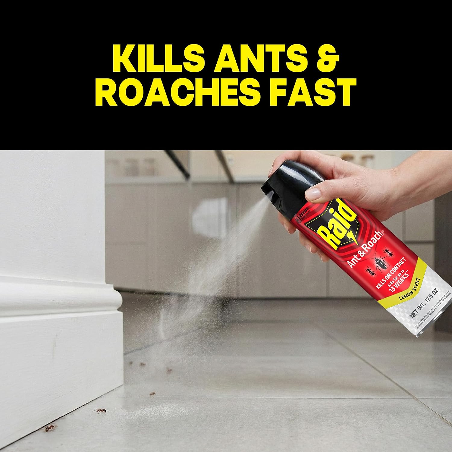 Raid Ant & Roach Killer Spray For Listed Bugs, Keeps Killing for 13 Weeks, Lemon Scent, 17.5 oz