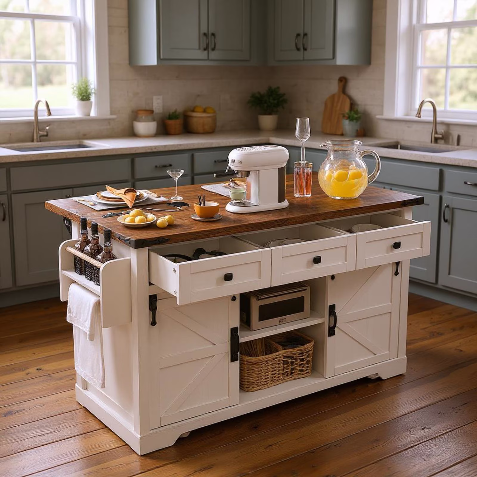 Farmhouse 53.7" Kitchen Island with Storage Cabinet, Sliding Barn Doors, and Wheels, White Oak(White Base + Oak Finish Top)