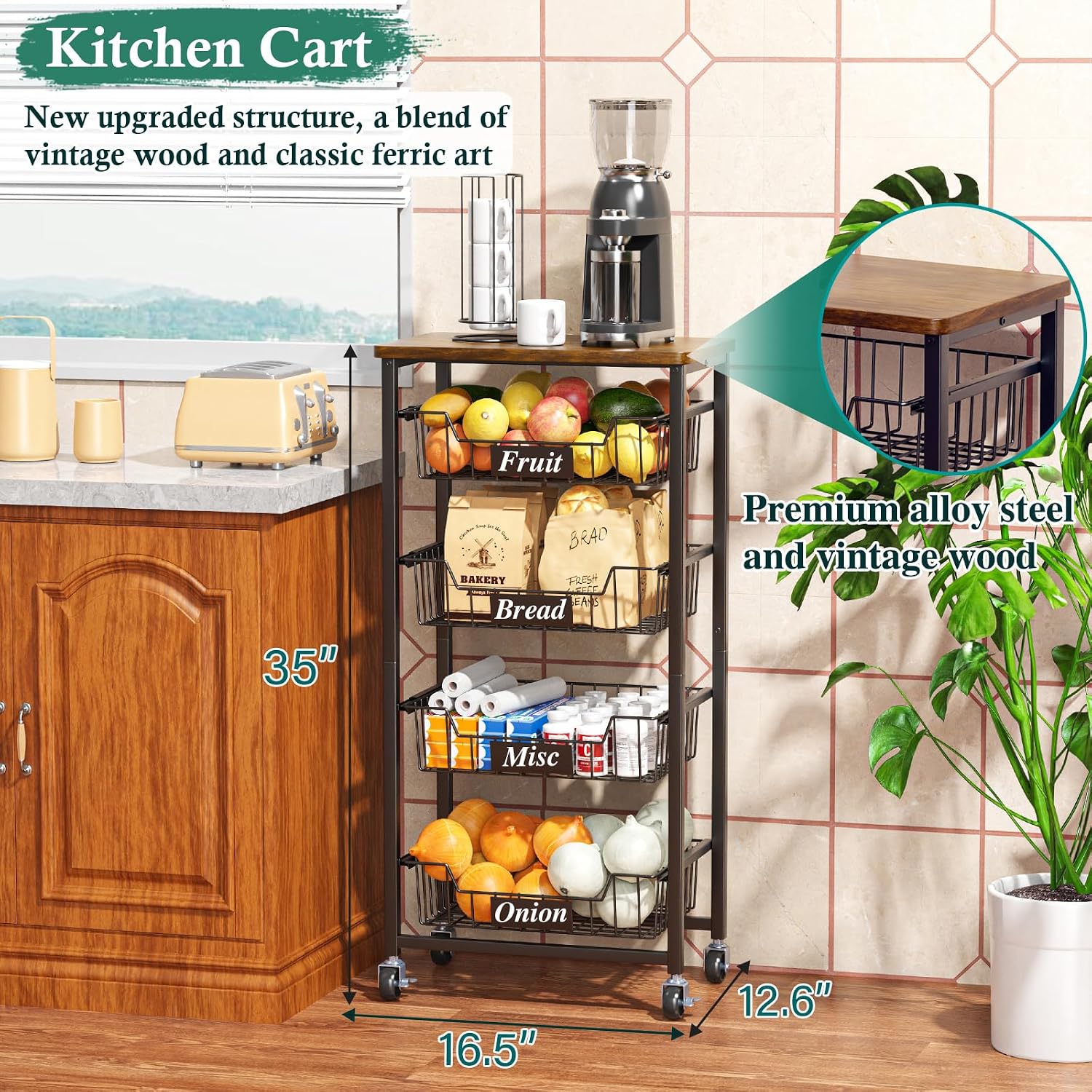 OKZEST 5-Tier Kitchen Storage Cart with 4 Upgraded Drawer Baskets & Wooden Top