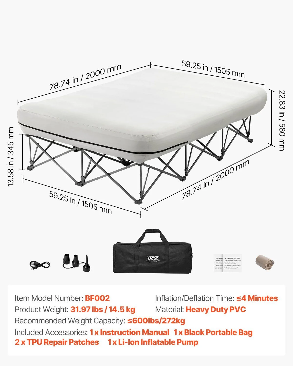 Queen Air Mattress with Frame & Built - in Pump - 2 - Person Blow up Camping Mattress Supports 600 lb - Elevated Inflatable Bed for Guests, Travel & Home Use - Quick Inflation/Deflation