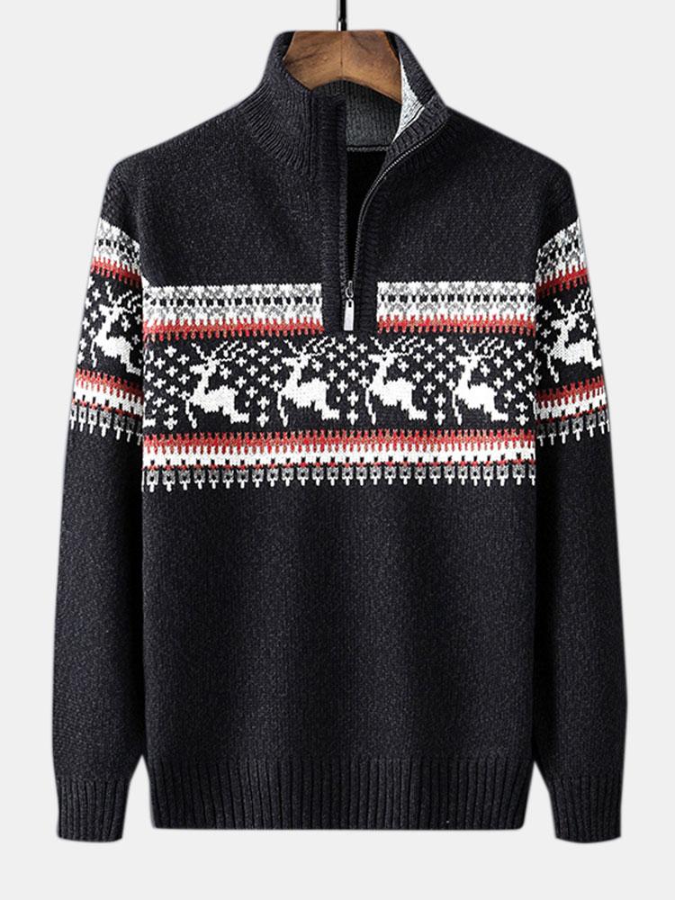 Pull de Noël à imprimé orignal et demi-zip