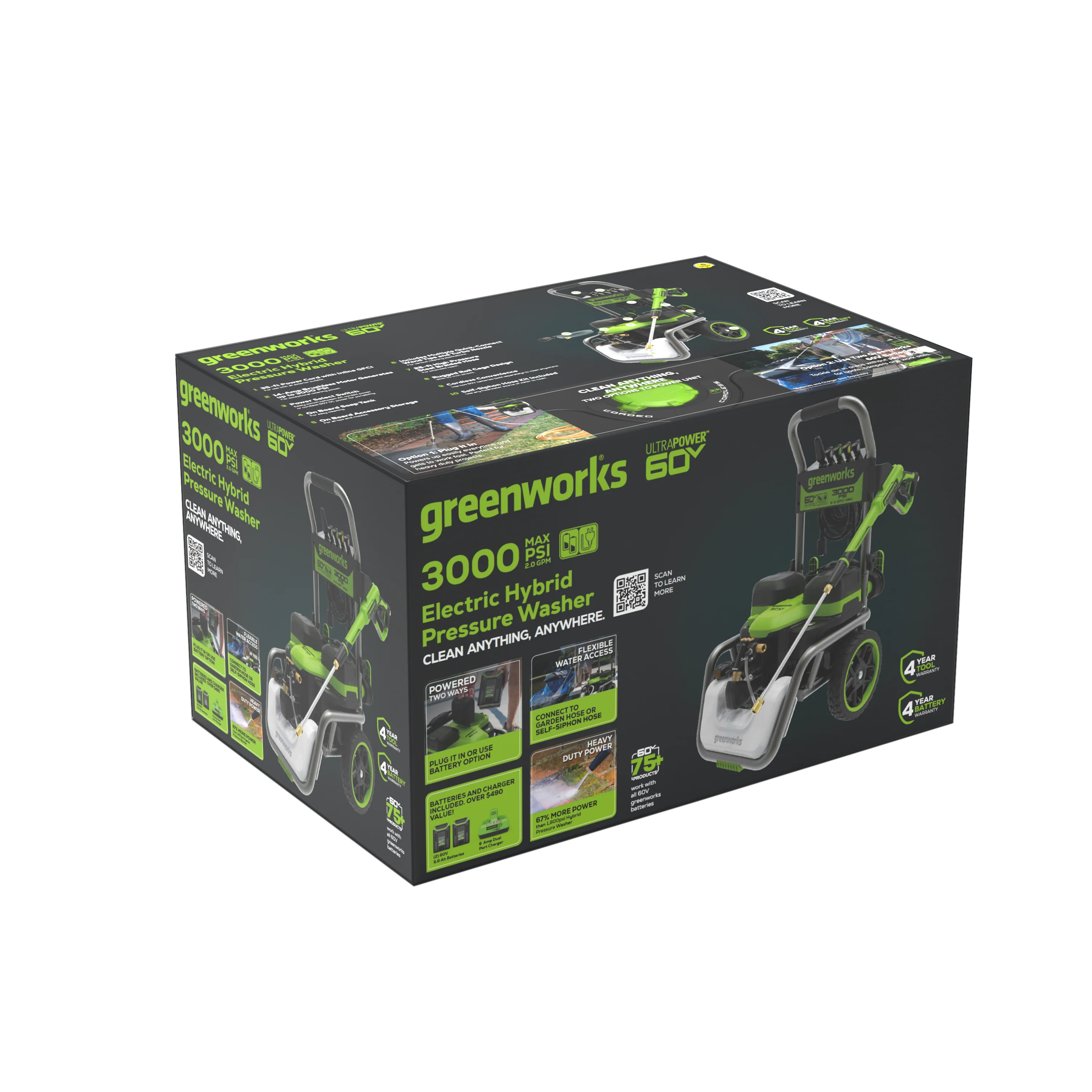 Greenworks Hybrid 60V 3000 MAX PSI at 2.0 GPM MAX Electric Pressure Washer + (2) 5.0ah Batteries & Dual - Port Charger 5128202