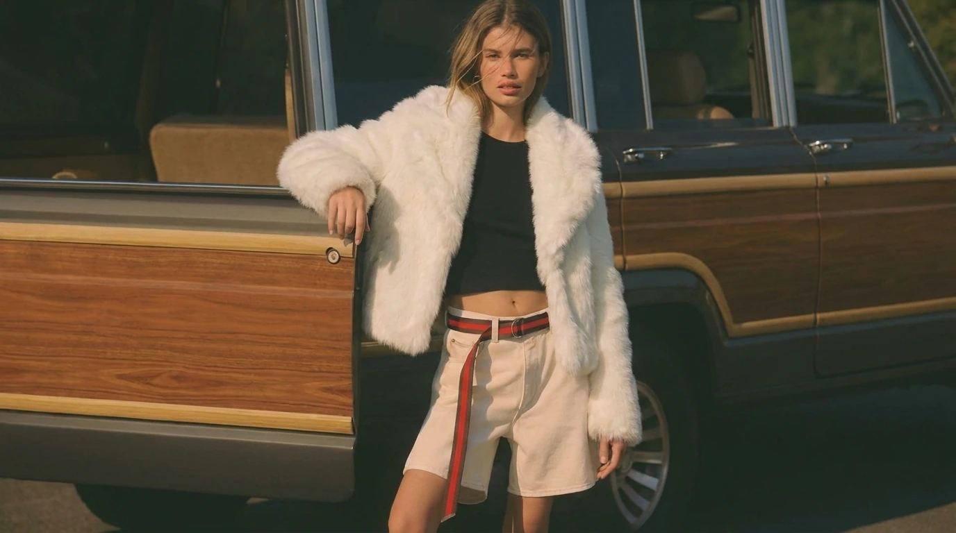 Woman wearing a white faux fur jacket beside a vintage wood-paneled car