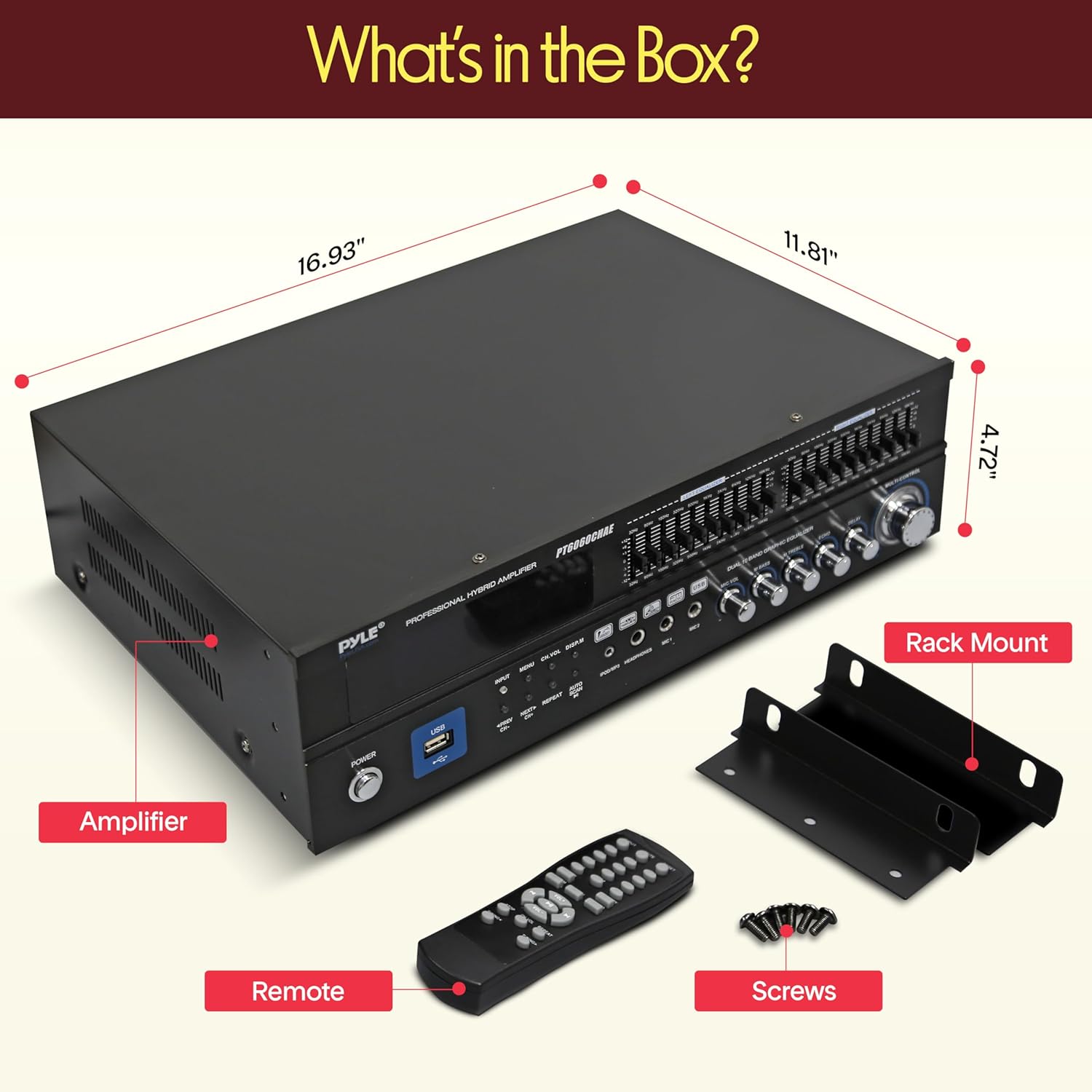 Pyle Bluetooth Hybrid Home Amplifier - 6-Channel 2000W Rack Mount Power Amplifier Receiver w/ Radio - Dual 10 Band EQ  Karaoke Microphone x2  USB  RCA  COAX  OPT  DVD Inputs  HiDef Input and Output