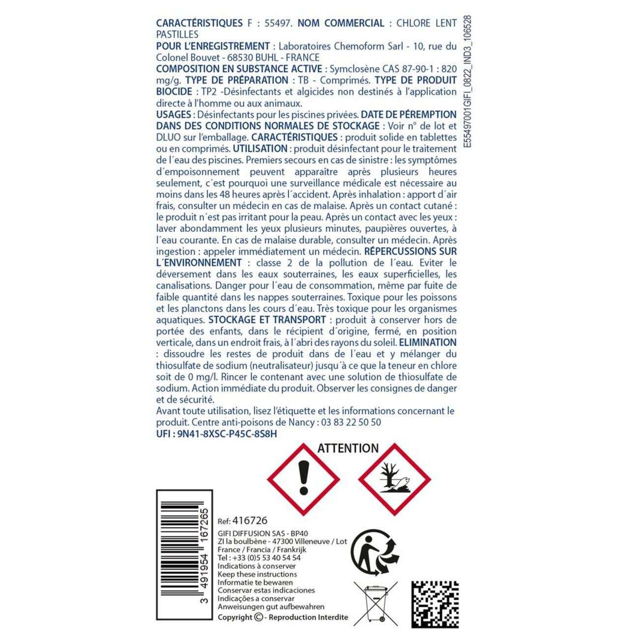 Chlore lent piscine pastilles 20g Aquaway 1kg