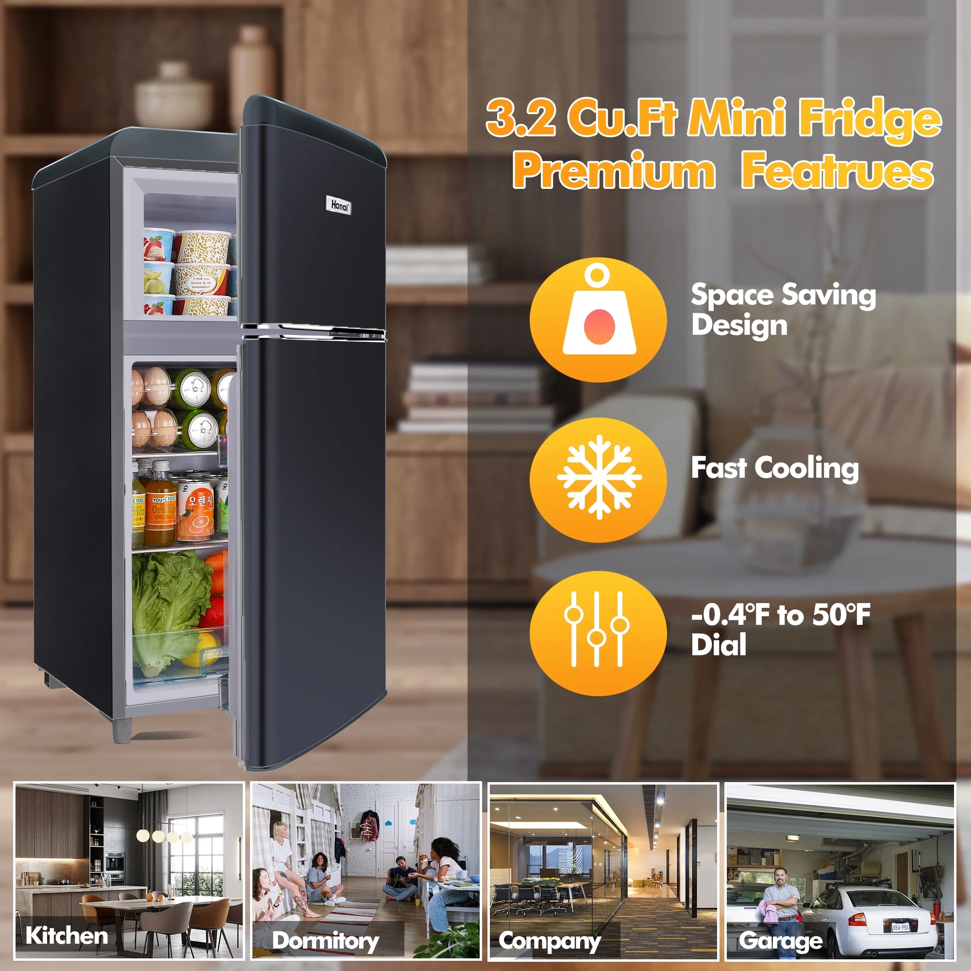 3.5 Cu ft Two Door Mini Refrigerator with Freezer,Black(Black) - Image 8