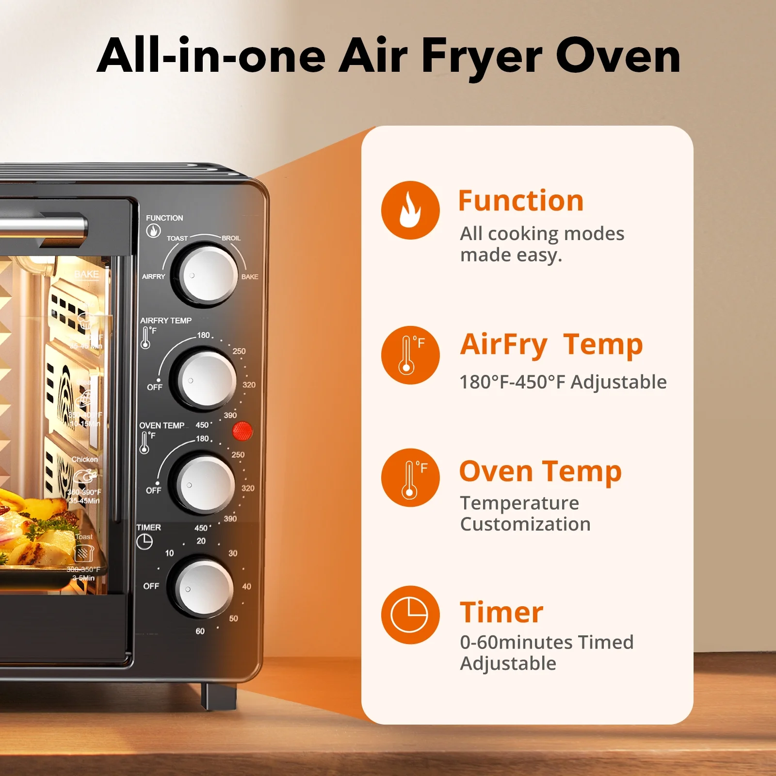 34 QT Super-Large Air Fryer, Oil-Less Air Fryer Toaster Oven Combo with Pizza, Warm, Broil, Toast, Bake, Air Fry, 5 Functions Black - Image 5