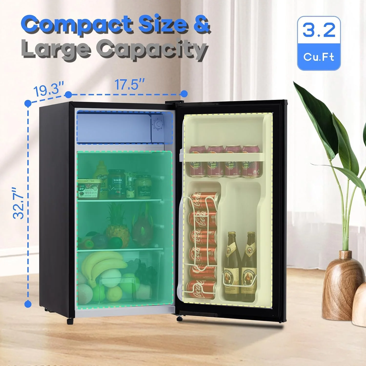 Mini Fridge With Freezer, 3.2 Cu.Ft Mini Refrigerator, Dorm Fridge With Single Door, Compact Refrigerator For Bedroom/Apartment/Office-Food Storage Cooling Drink, White(White) - Image 8