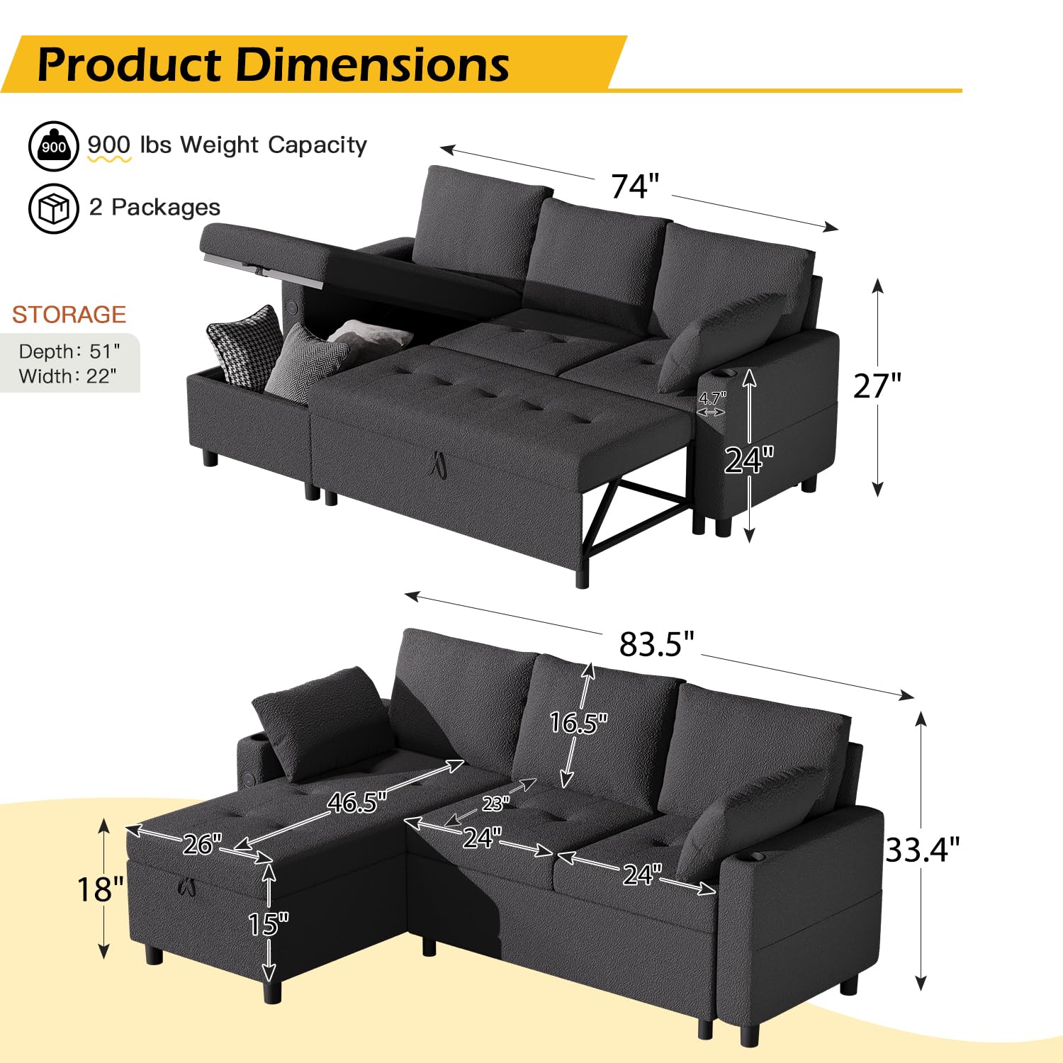 AECOJOY Sleeper Sofa Couch with Pullout Bed, Teddy Fleece, Black