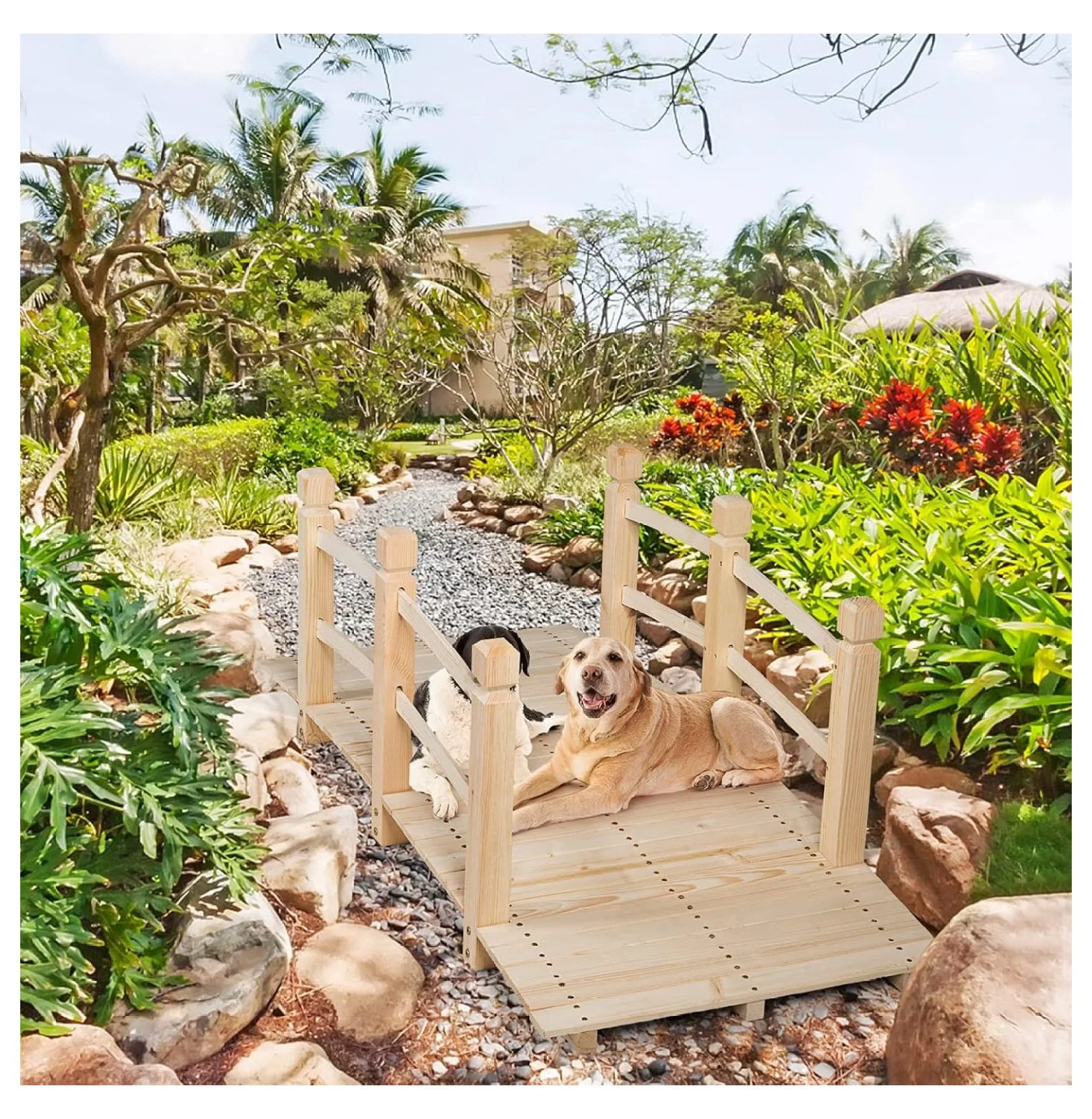 Garden Bridge, 5FT Wooden Arc Footbridge for Outdoors with Safety Guardrails, Decorative Landscaping for Garden Yard Walkway Creek Farm, 400 LBS Capacity (Natural Finished) Image 4
