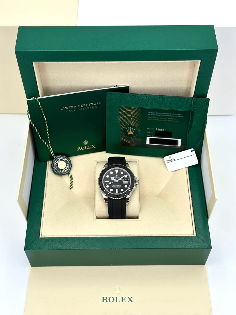 [Super Clone]RLX White Gold Yacht-Master 42mm Watch - Black Dial - Rubber Strap (Ref # 226659)