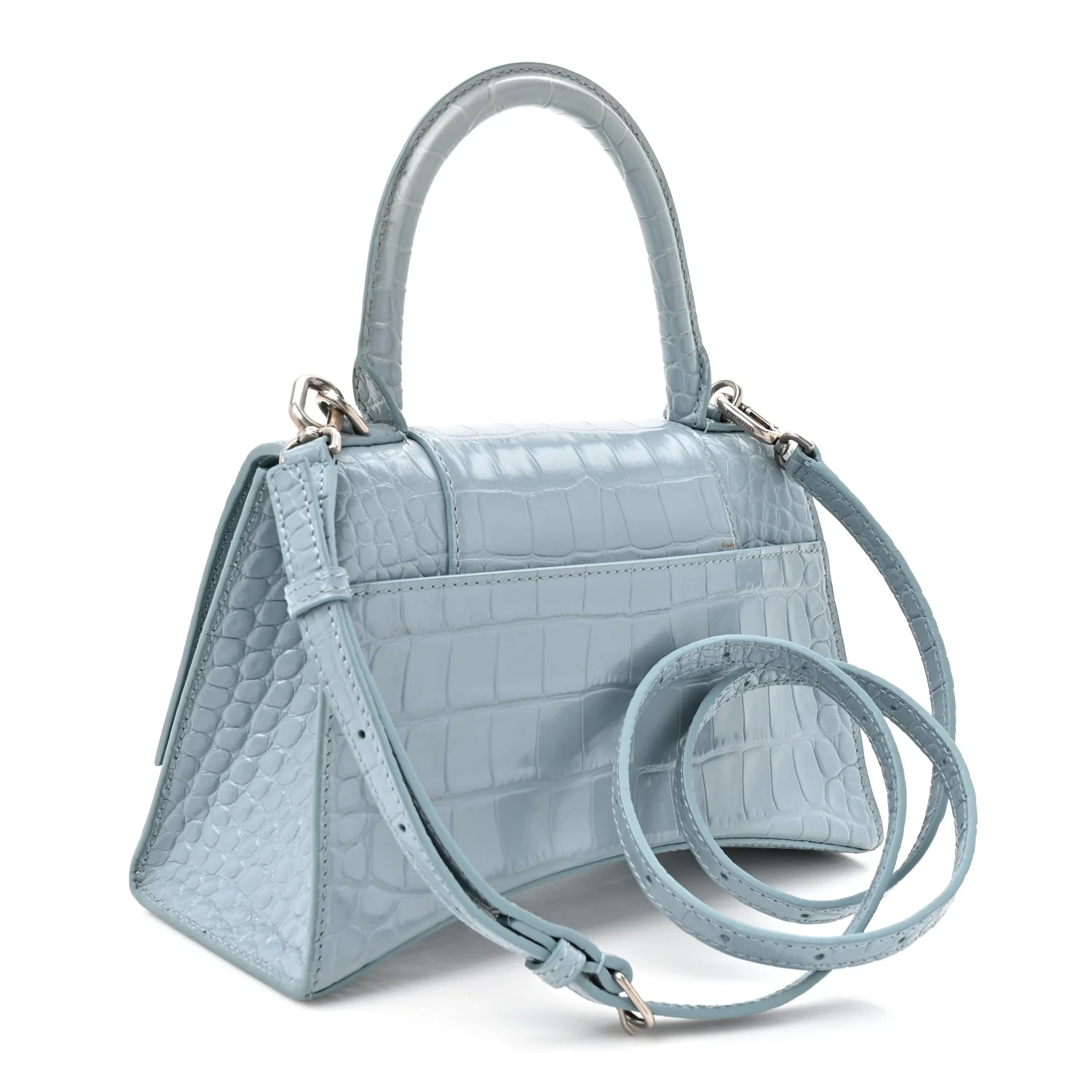 Shiny Calfskin Crocodile Embossed Small Hourglass Top Handle Bag Blue Grey