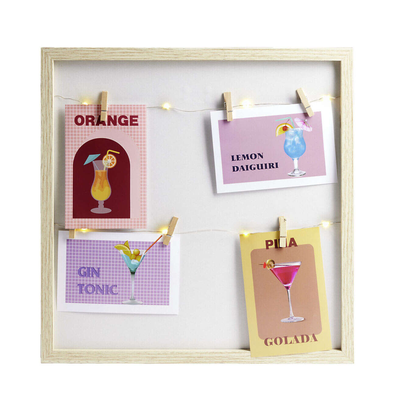 Pêle mêle photo cadre bois 2 fils LED avec pinces 38x38cm