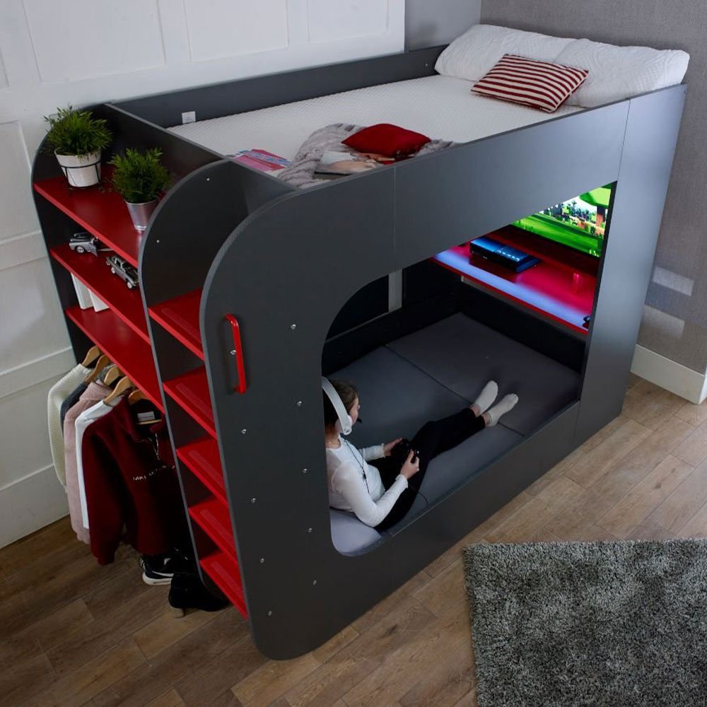 Lit mezzanine PodBed gris et rouge pour gamers avec canapé gris