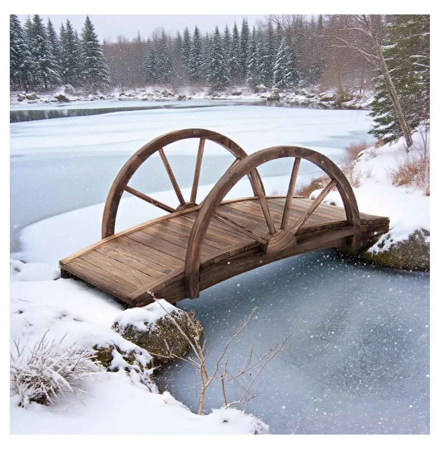 3.3ft Wooden Garden Bridge Arc Footbridge with Half-Wheel Style Railings & Solid Fir Construction, Stained Wood
