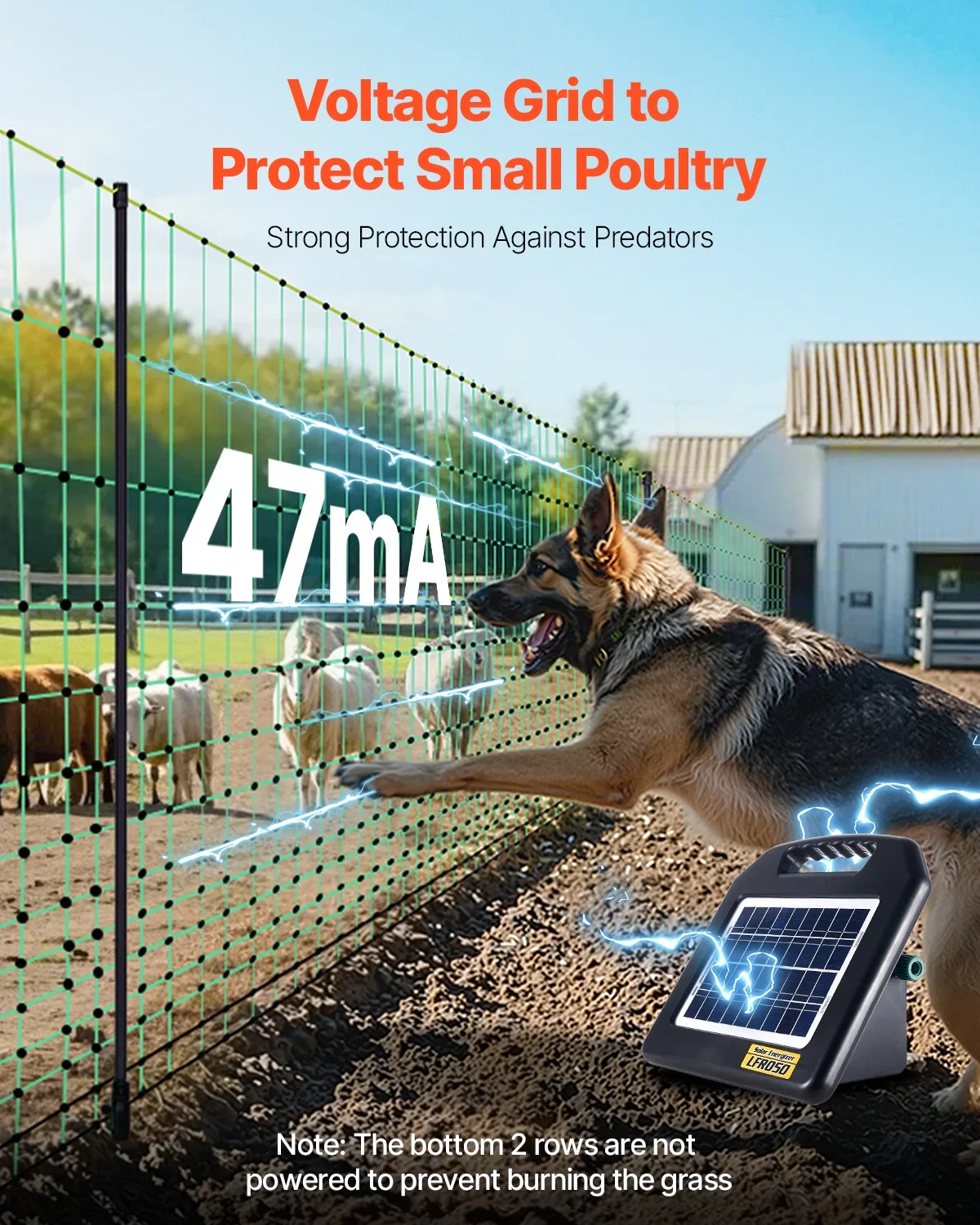 KFFKFF Powered Mesh Barrier, 35 Height x 164' Length, PE Grid Barrier with Poles & Twin-Pronged Pegs, Handy Movable Netting for Goats, Sheep, Lambs, Deer, Hogs, Dogs, Suitable for Home Gardens, Farm