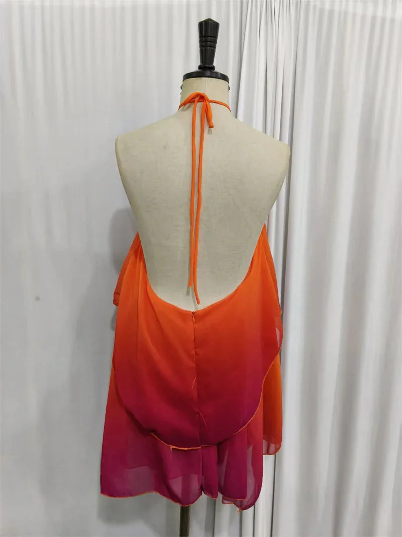 Robe courte à volants dégradé rose