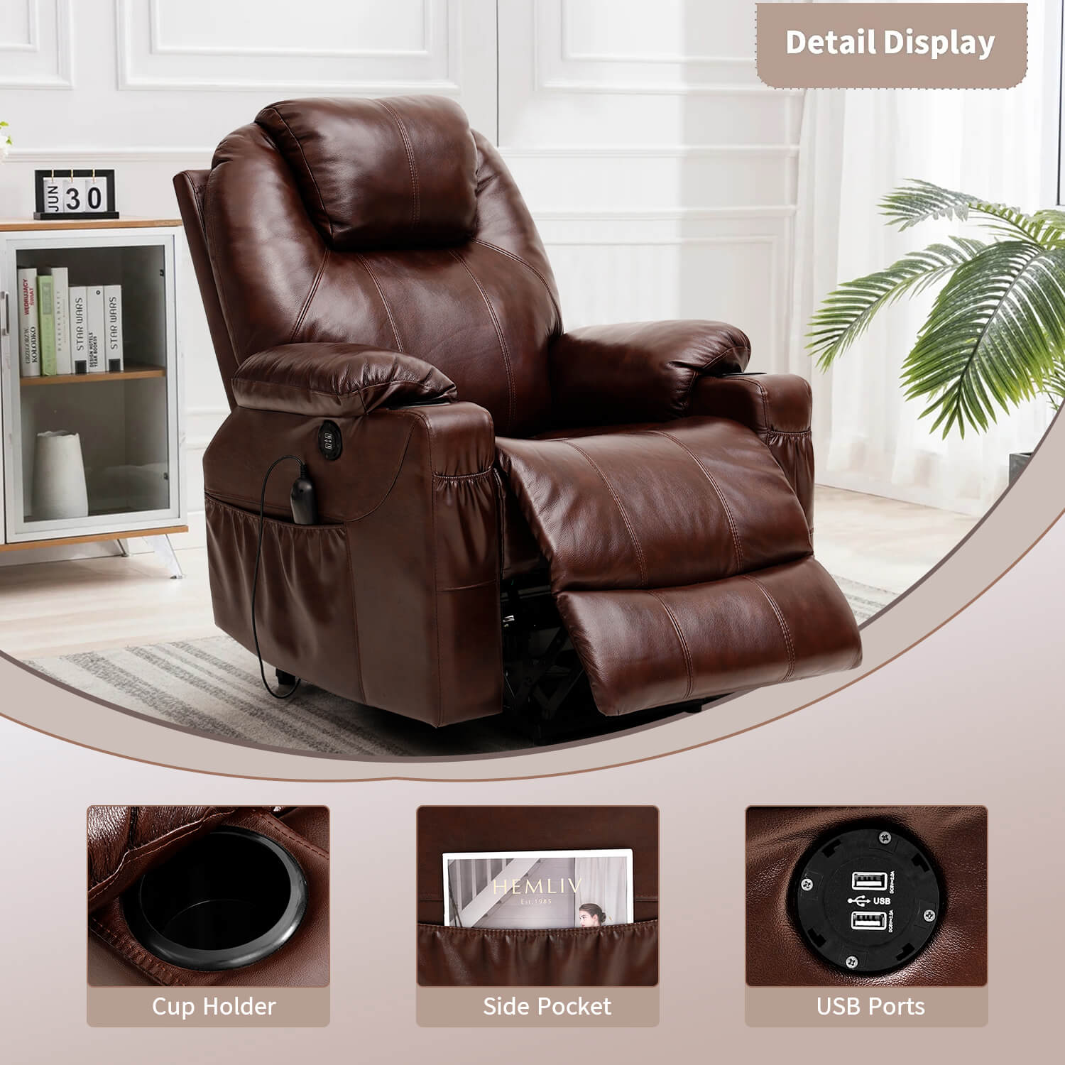 Fauteuil releveur électrique 3 positions avec repose-talon et massage, revêtement en cuir véritable
