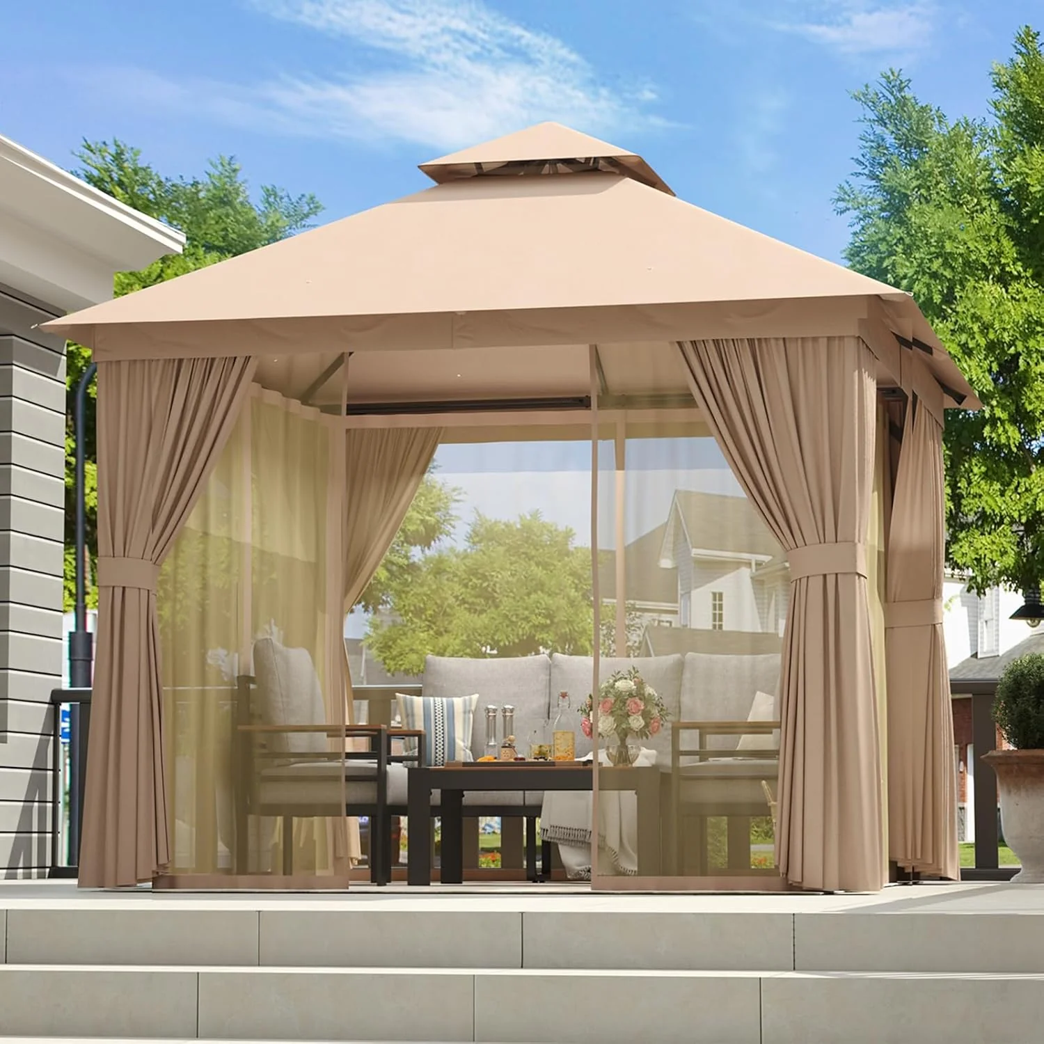 Gazebo d'extérieur Aoxun pour patio 3 x 3,6 m, structure métallique avec double toit, tente de réception robuste avec moustiquaire et brise-vue pour jardin, pelouse, terrasse.