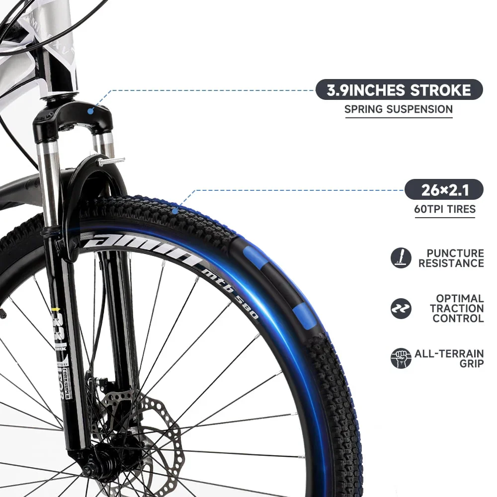 ARTUDATECH Full Suspension Mens Mountain Bike, Shimano 21 Speed, 26 Inch Wheel, Dual Disc Brake Bike for Men Womens Adult Bicycle