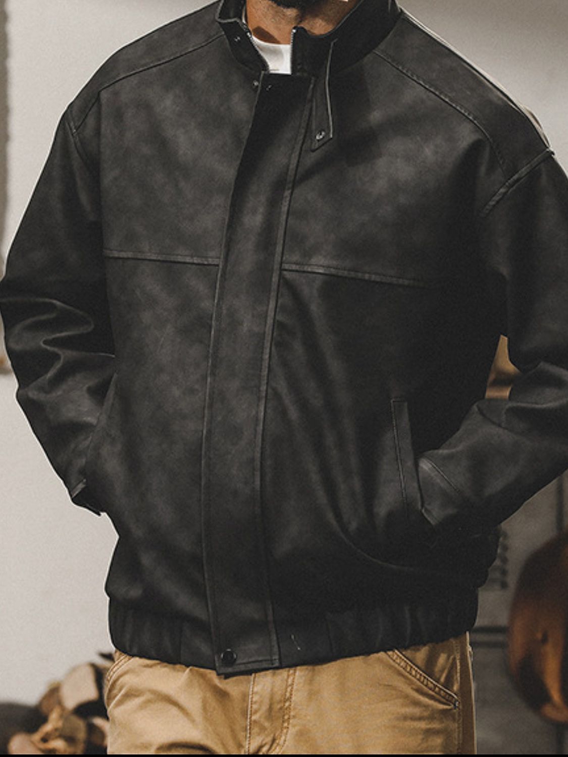 Men’s Plus Size Zip Up Stand Collar Biker Jacket