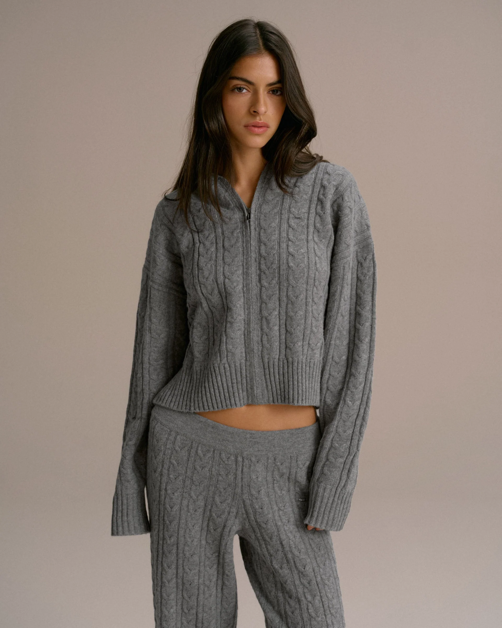 Cable Knit Zip Hoodie - Dark Grey Melange