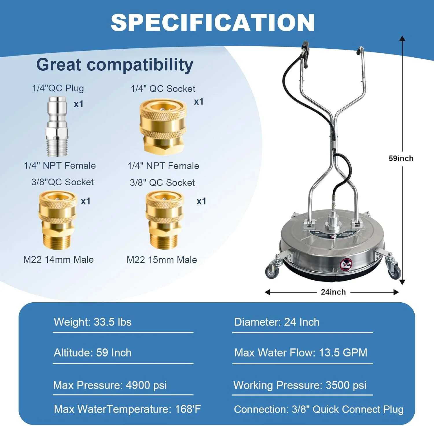 24" Pressure Washer Surface Cleaner with Dual Handles �C Stainless Steel, 4-Wheel Design for Driveways, Sidewalks, Curbs, Decks, Patios �C 4900 PSI, High-Efficiency Cleaning Accessory(24") - Image 3